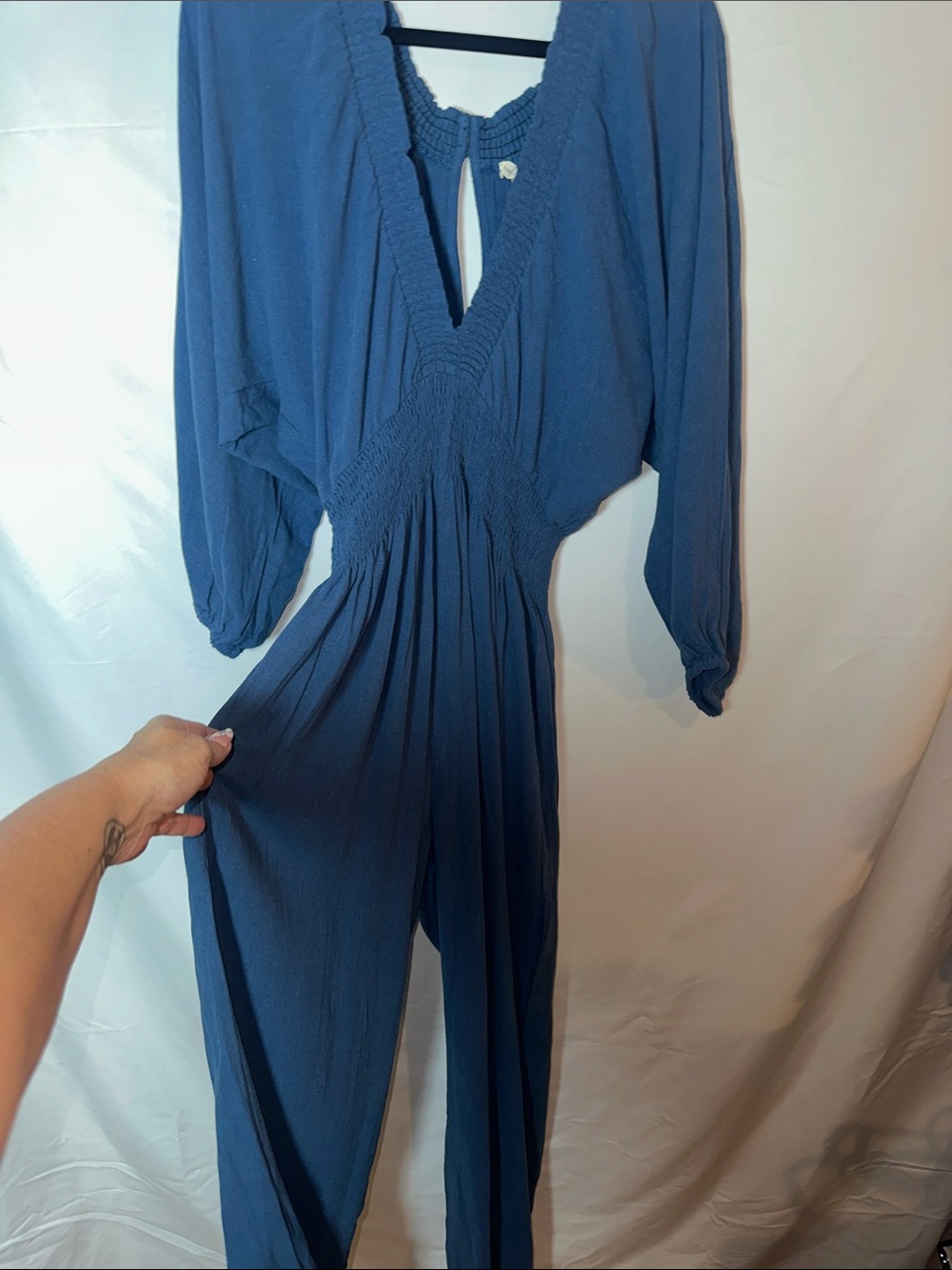 Smocked Waist Long-Sleeve Blue Jumpsuit